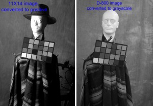 The image with the hat was made with Ilford Multigrade paper and the hatless image was made with my digital camera and converted to black and white. Note that most of the color samples show in the Multigrade image.